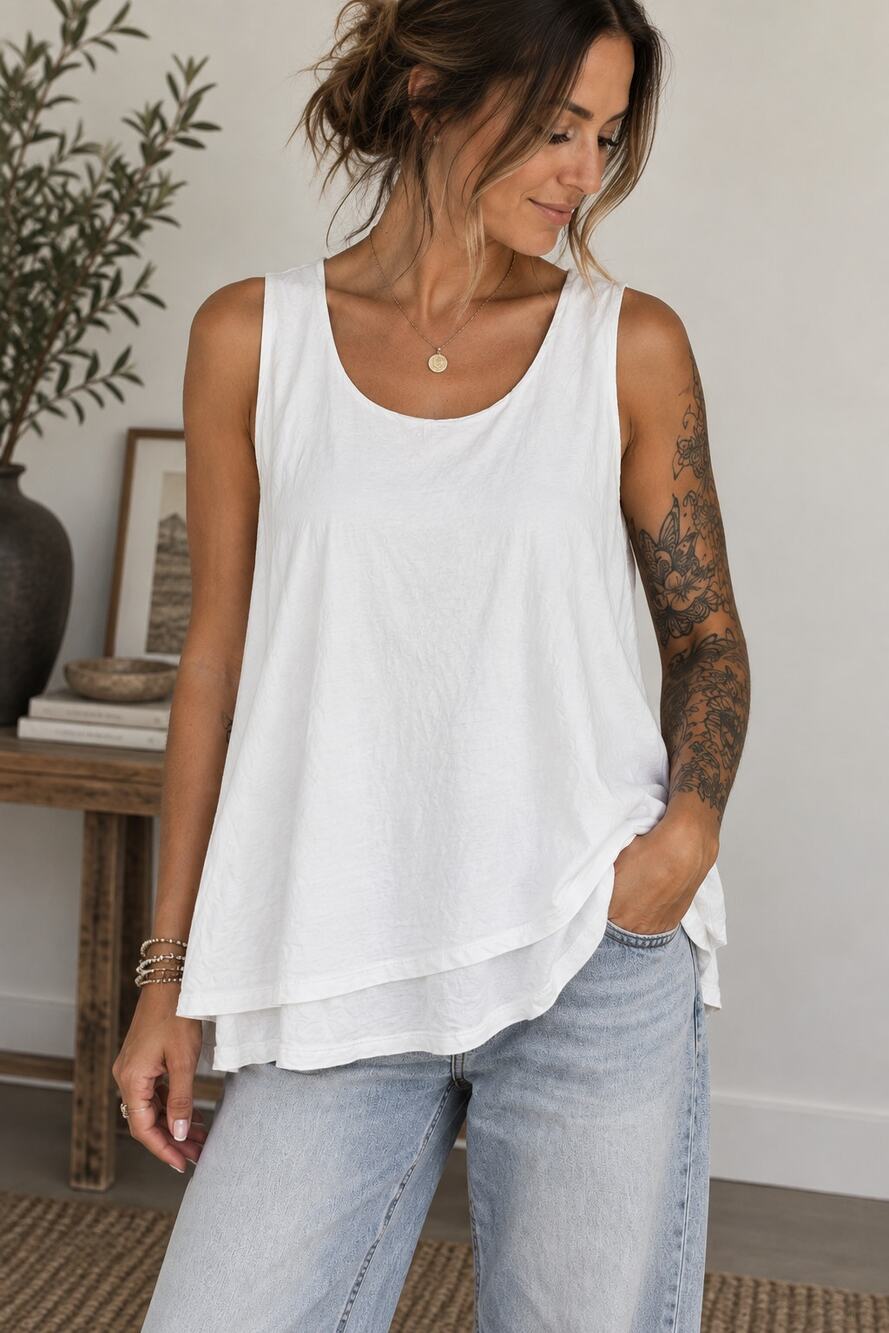 Pure Jill J.Jill Layered Sleeveless Top Small White Cotton Swing Tank Minimalist